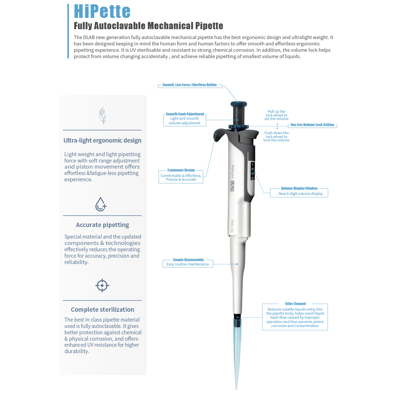 DLAB | HiPette Colorful Fully 10-100 μL Ayarlanabilir Otomatik Pipet