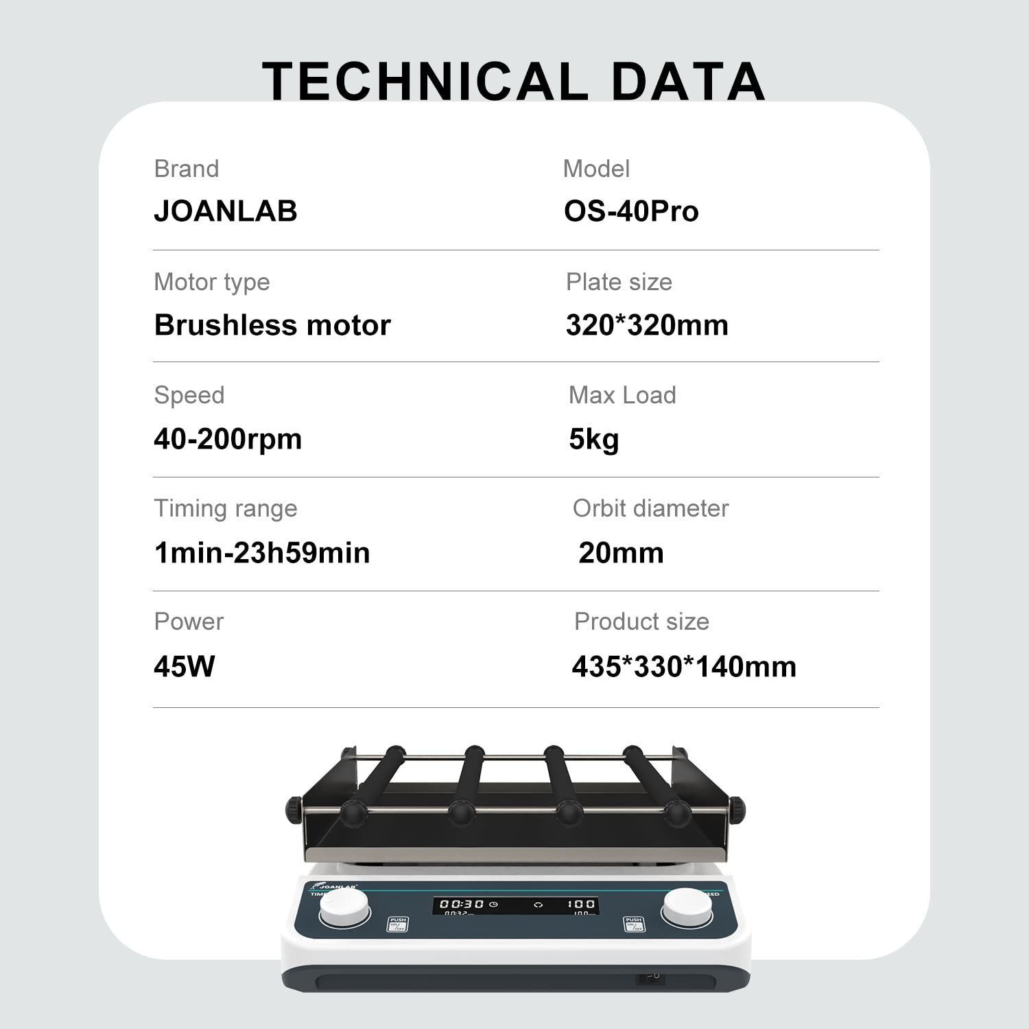 JOANLAB LS-40Pro Sabit Çalışma Plakalı Dijital Doğrusal ve Piston Sallanma Hareketli Çalkalayıcı 40… 200 rpm / 5 kg / 20 mm