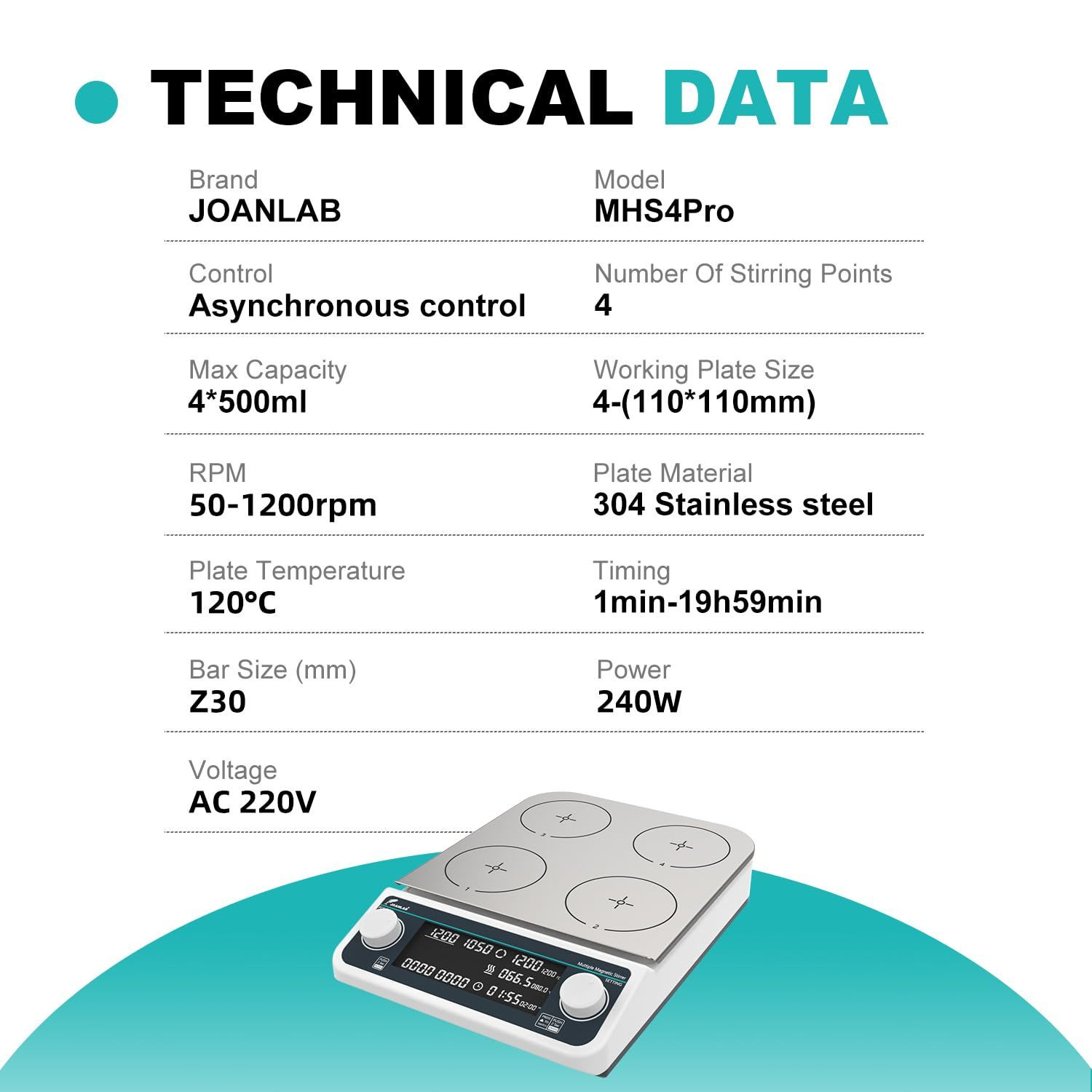 JOANLAB MHS4Pro 4 Bölmeli Isıtıcılı Manyetik Karıştırıcı 50… 1500 rpm / 4 x 500 mL / RT… 120 °C
